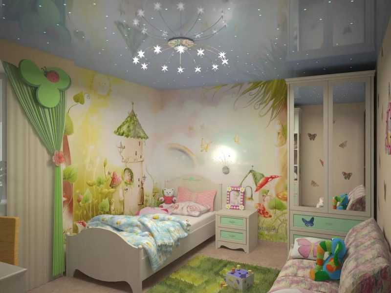 Натяжные потолки в детскую (89 фото): в комнату для девочек, стоит ли делать в спальню