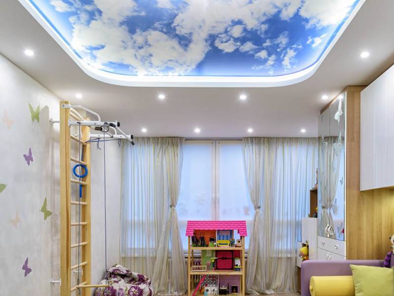 Натяжные потолки в детскую: фото для девочки в комнату, дизайн для мальчика, двухуровневые с фотопечатью для подростка, вреден ли в спальне