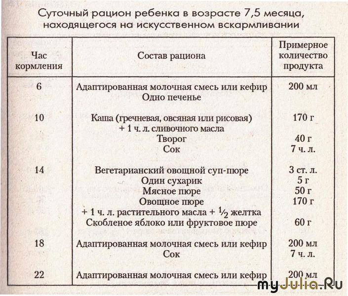 Меню 5 месяцев искусственное