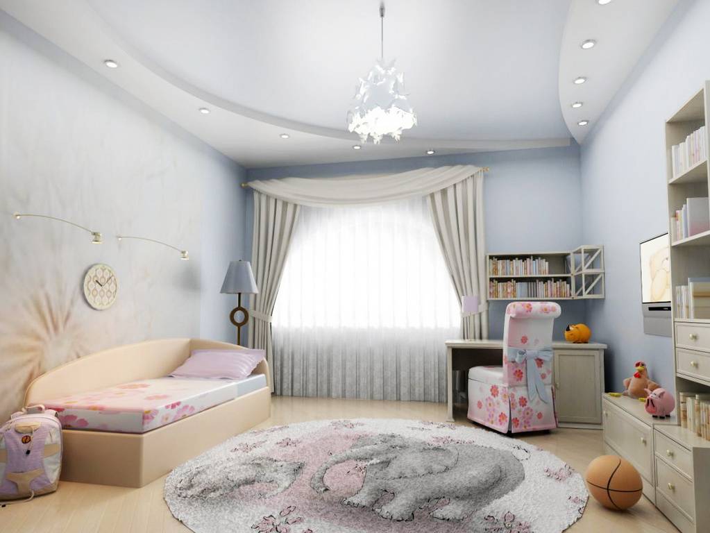 Двухуровневый натяжной потолок в интерьере детской комнаты